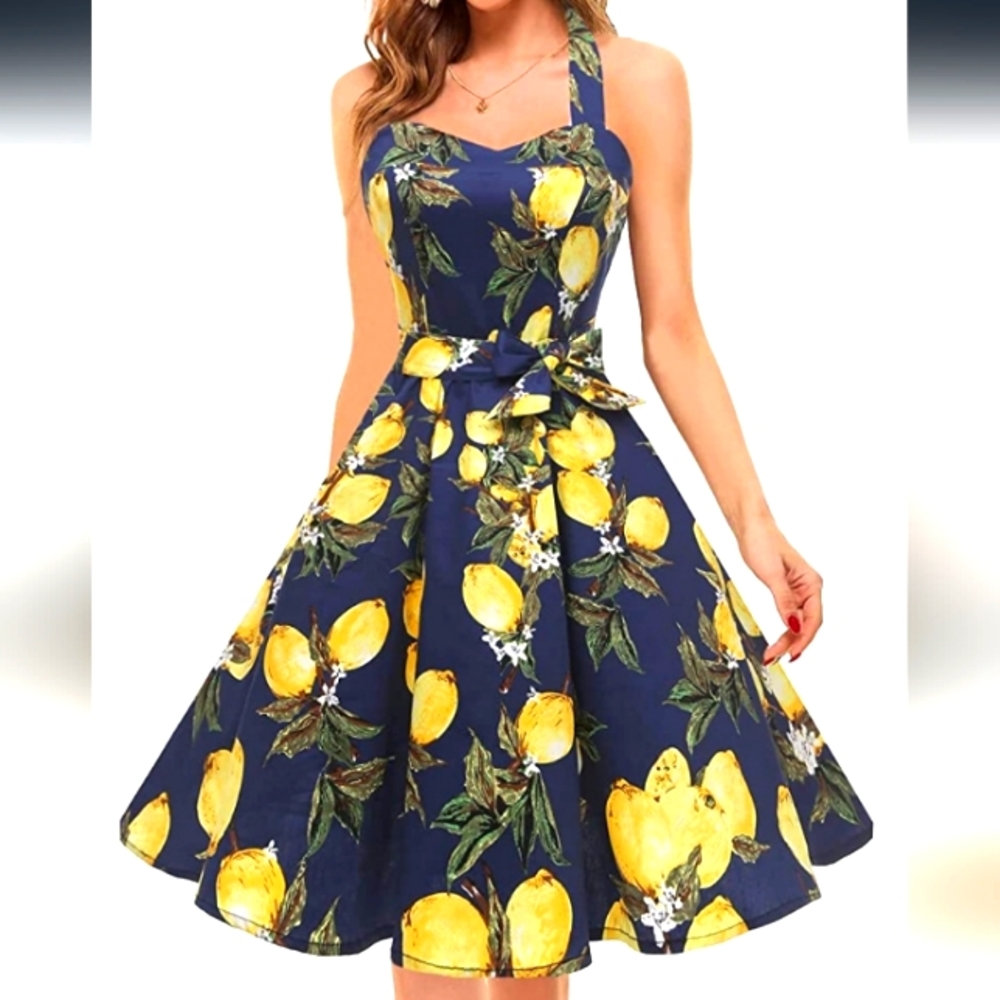 1950s styled lemon print cocktail swing dress